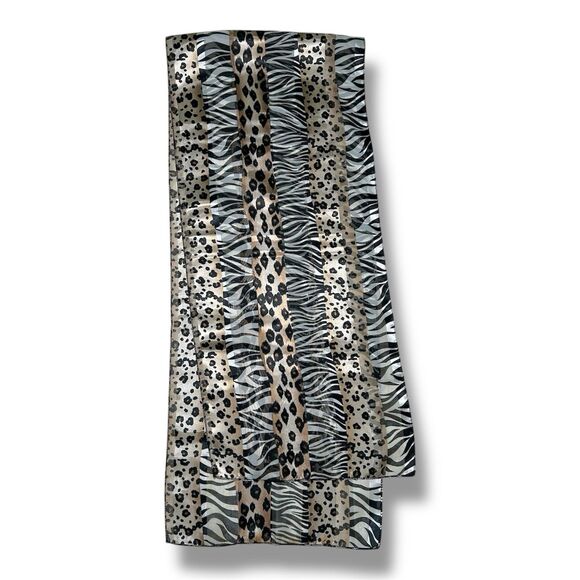 Unbranded Accessories - Vtg Zebra Leopard Rectangular Scarf 60” X 13” Unisex Gold Neck Scarve Blck White